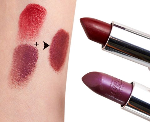 Bottom: Lavera Violet berry lipstick. If you mix it with a red lipstick (top) you will get a deep red bordeaux shade.